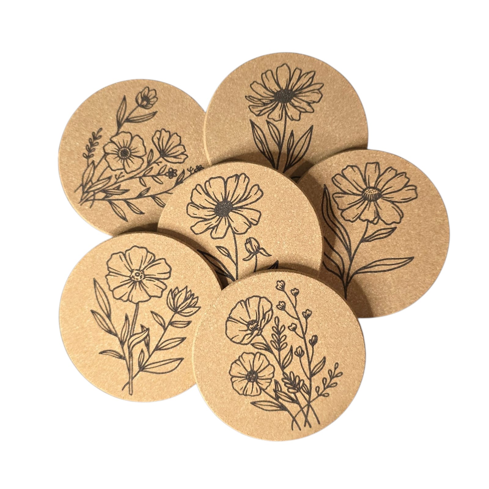 Coasters - cork floral printed (pack of 6)